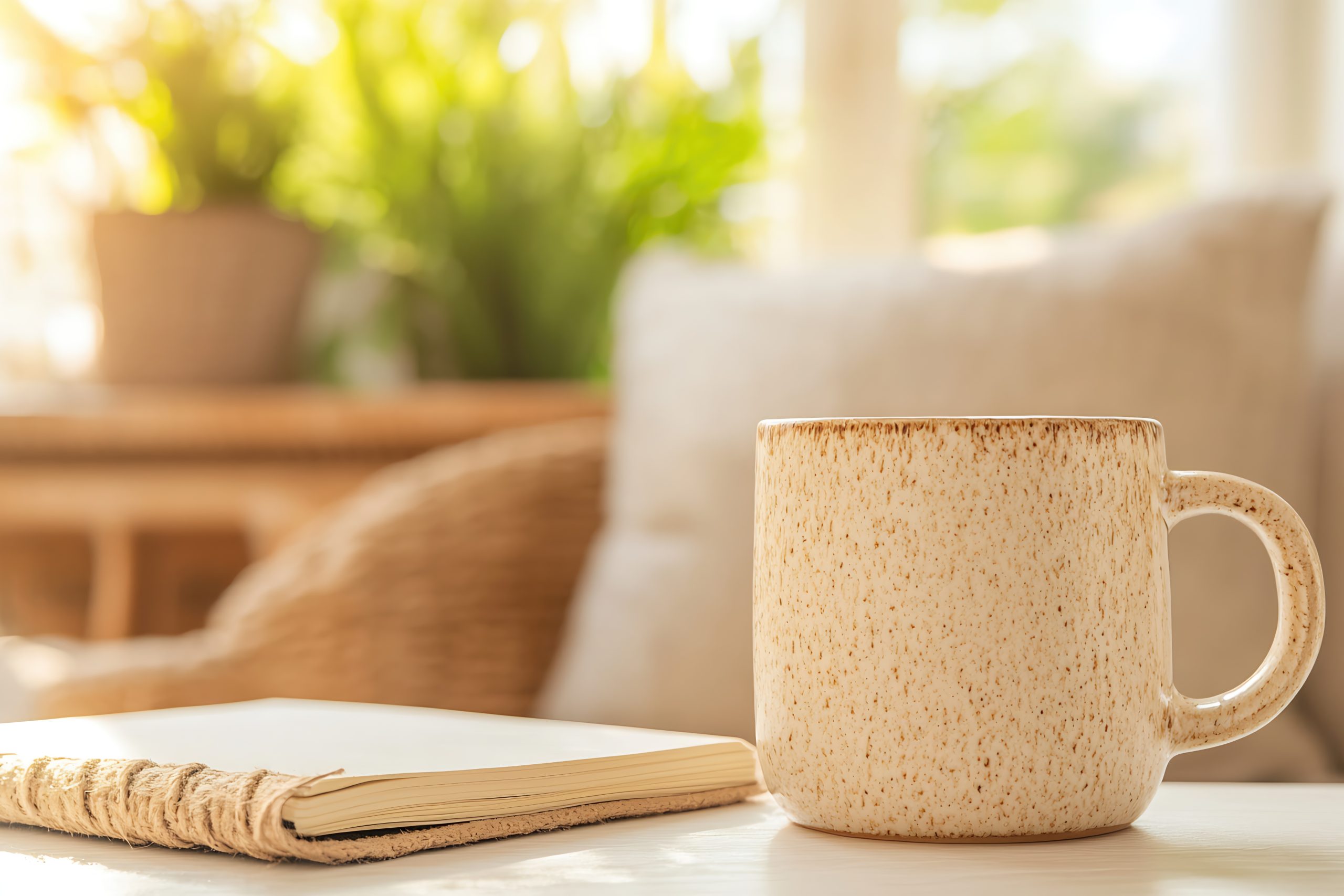 Beige Speckled Mug and Open Book on a Table by a Sunlit Window