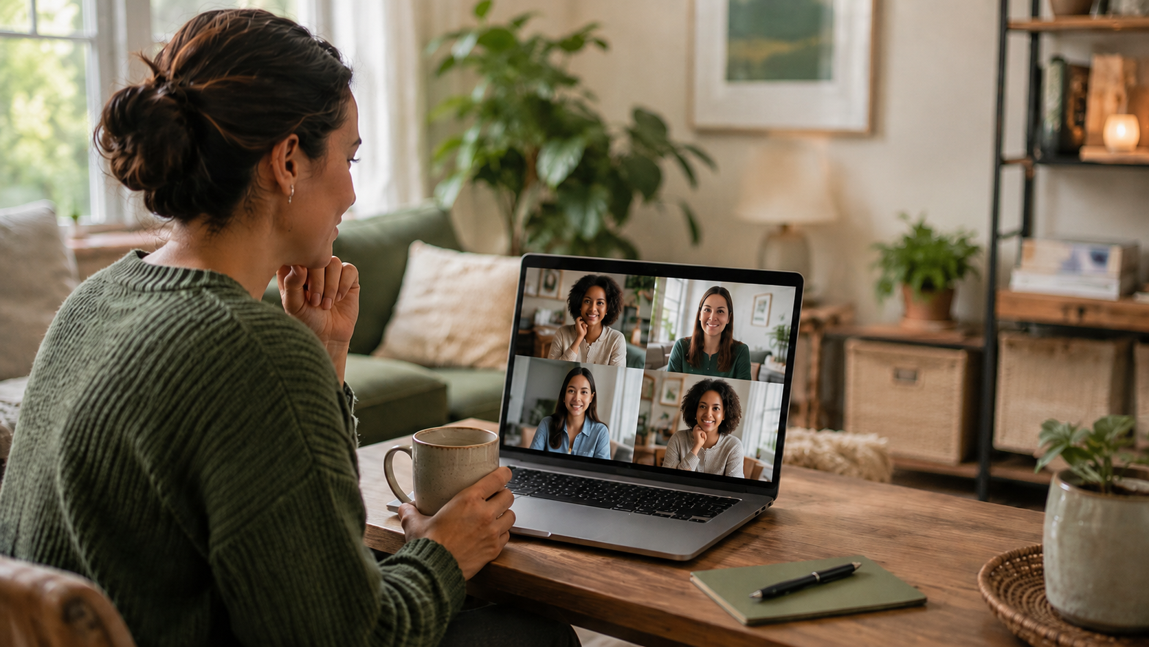 Woman participating in a virtual parent support group from home on her laptop.